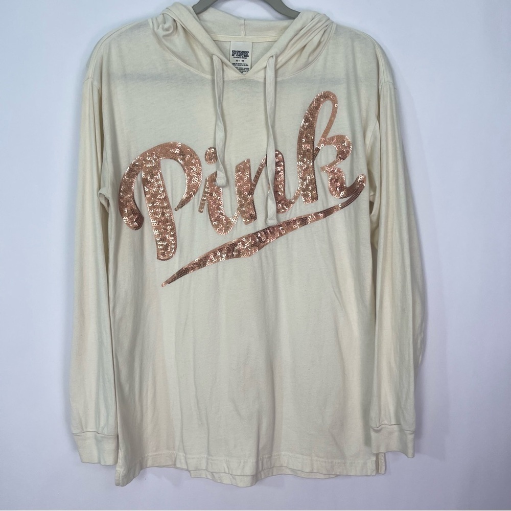 Victorias Secret Pink Cream with Pink Sequin Lightweight Hooded Top Sz XS
